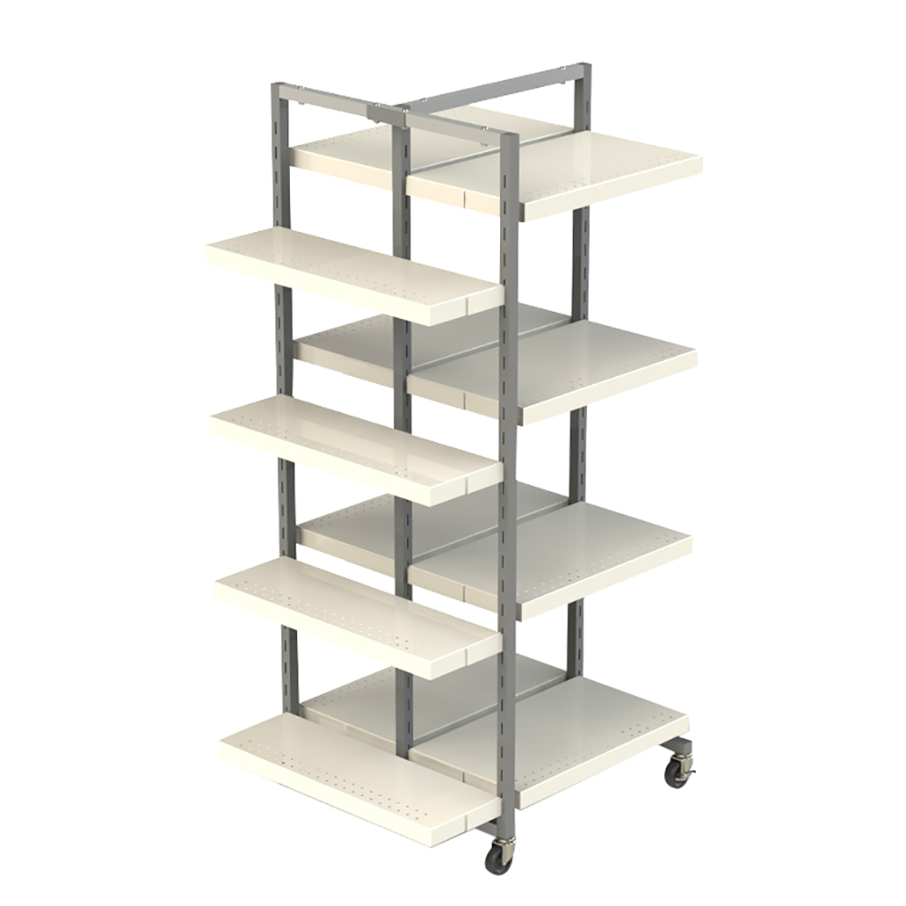 Flat-pack designed display stand with wheels that cut down on shipping costs.